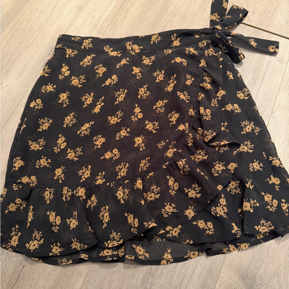 Hollister Black Mini Wrap Skirt with Mustard Floral Print
